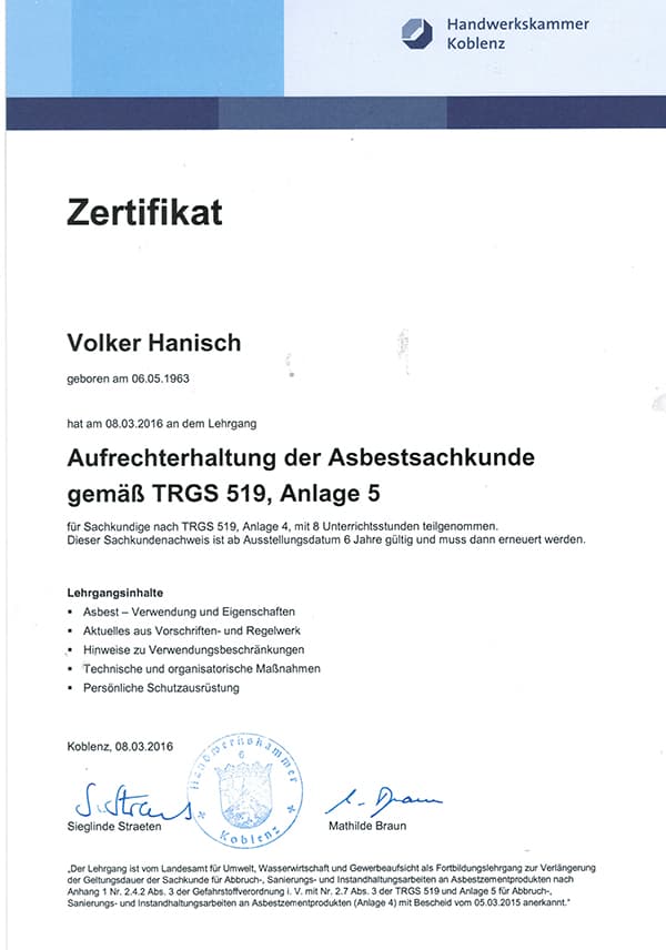 Asbestsachkunde nach TRGS 519